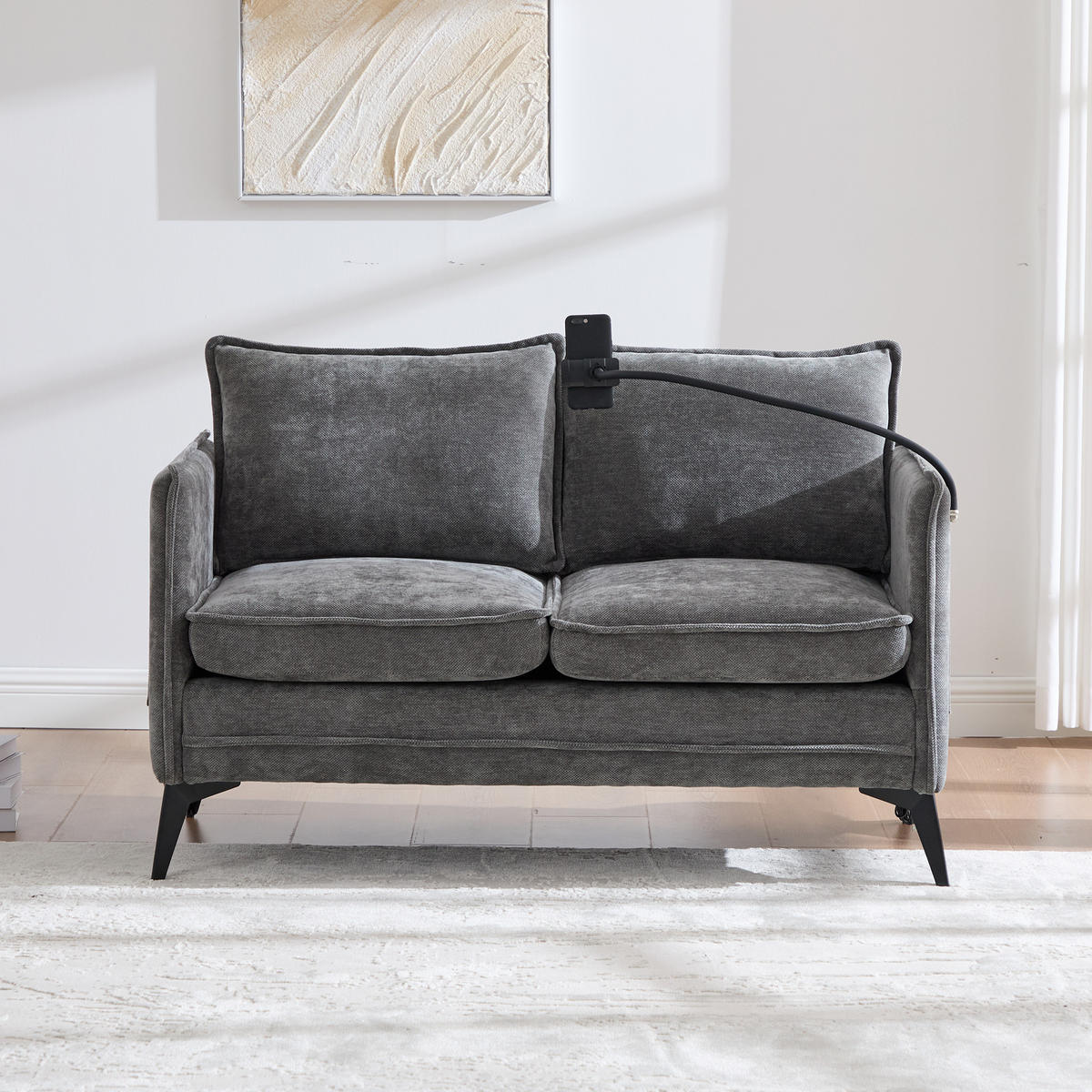 SOFA 2-Sitzer Grau Stoff mit Handy-Halterung & doppelten Ablagefächern 127/69/66 cm - Grau, Textil (127/66/69cm) - OKWISH