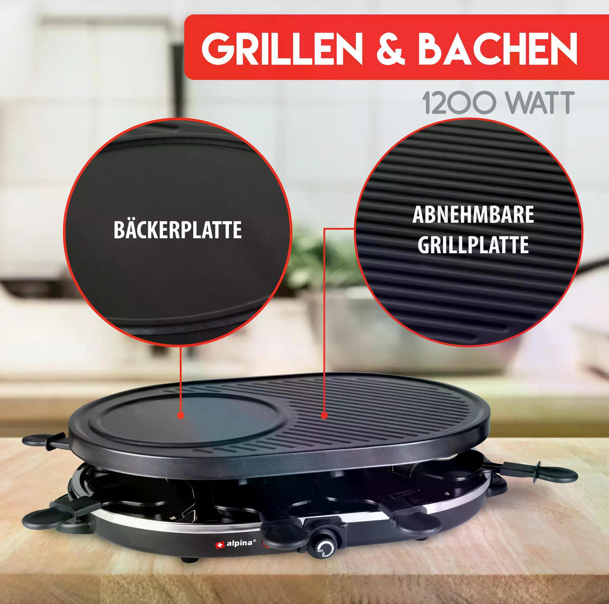 RACLETTEGRILL Gourmet Partygrill, 8 Personen, 1200W Elektrogrill, Antihaft Grillplatte, Abnehmbar, Tischgrill Indoor, Raclette Set Pfännchen - Schwarz, Metall (32/12/47.5cm) - Alpina
