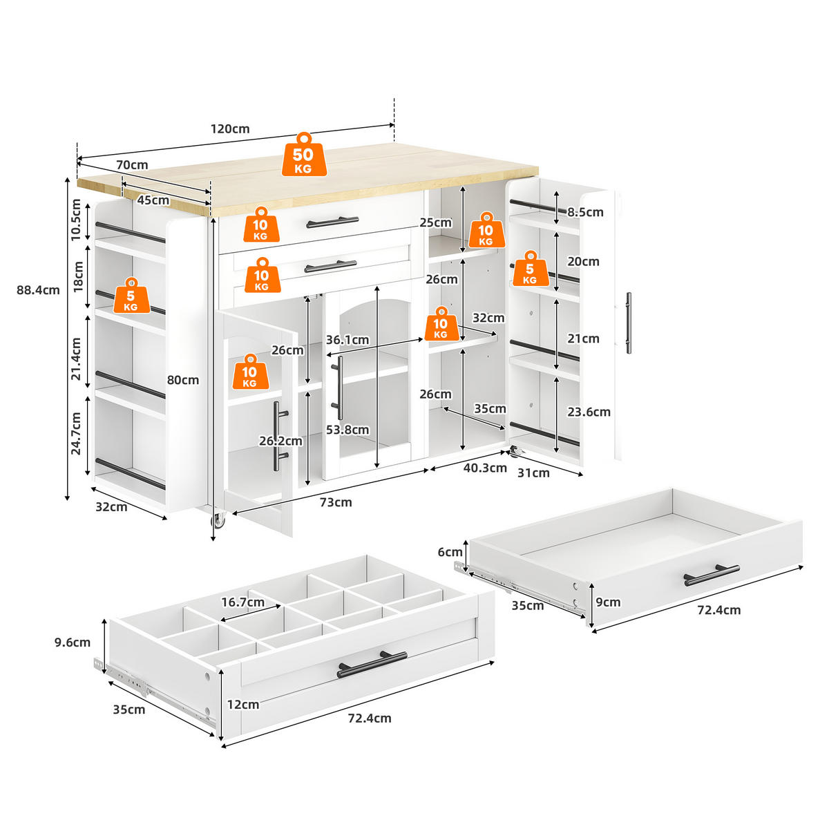 KÜCHENINSEL 120/70/90 cm Natur/Weiß aus MDF mit Klappplatte - Naturfarben, Holzwerkstoff (138/90/70cm) - OKWISH