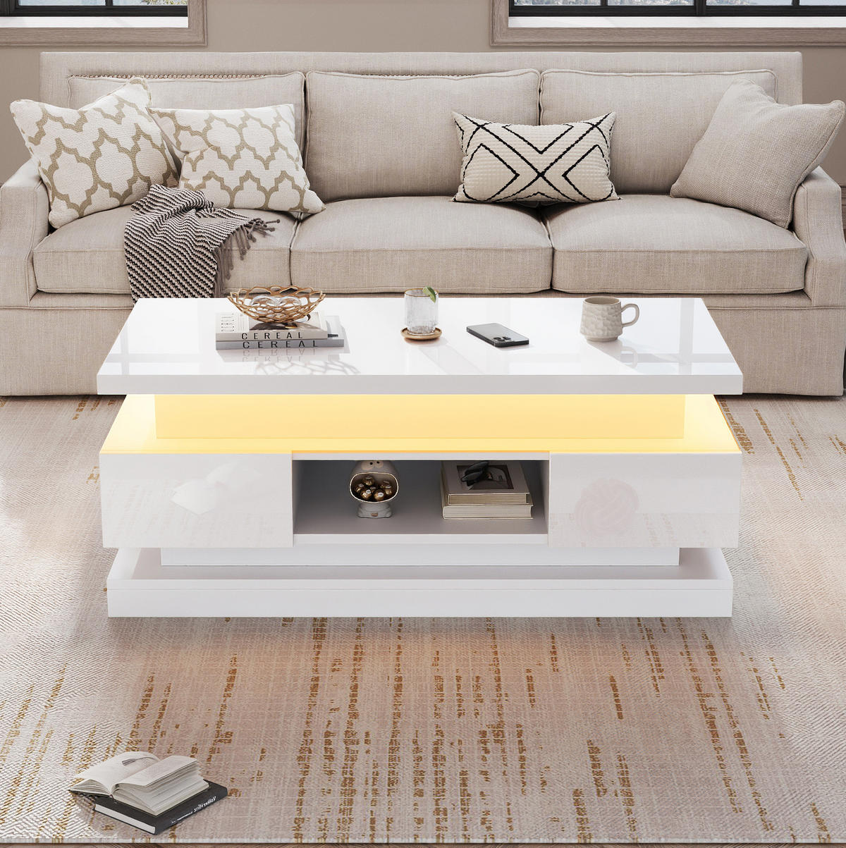 COUCHTISCH höhenverstellbar 100 x 50 cm Weiß Hochglanz mit LED - Weiß, Holzwerkstoff (100/50/40cm) - Meubliv