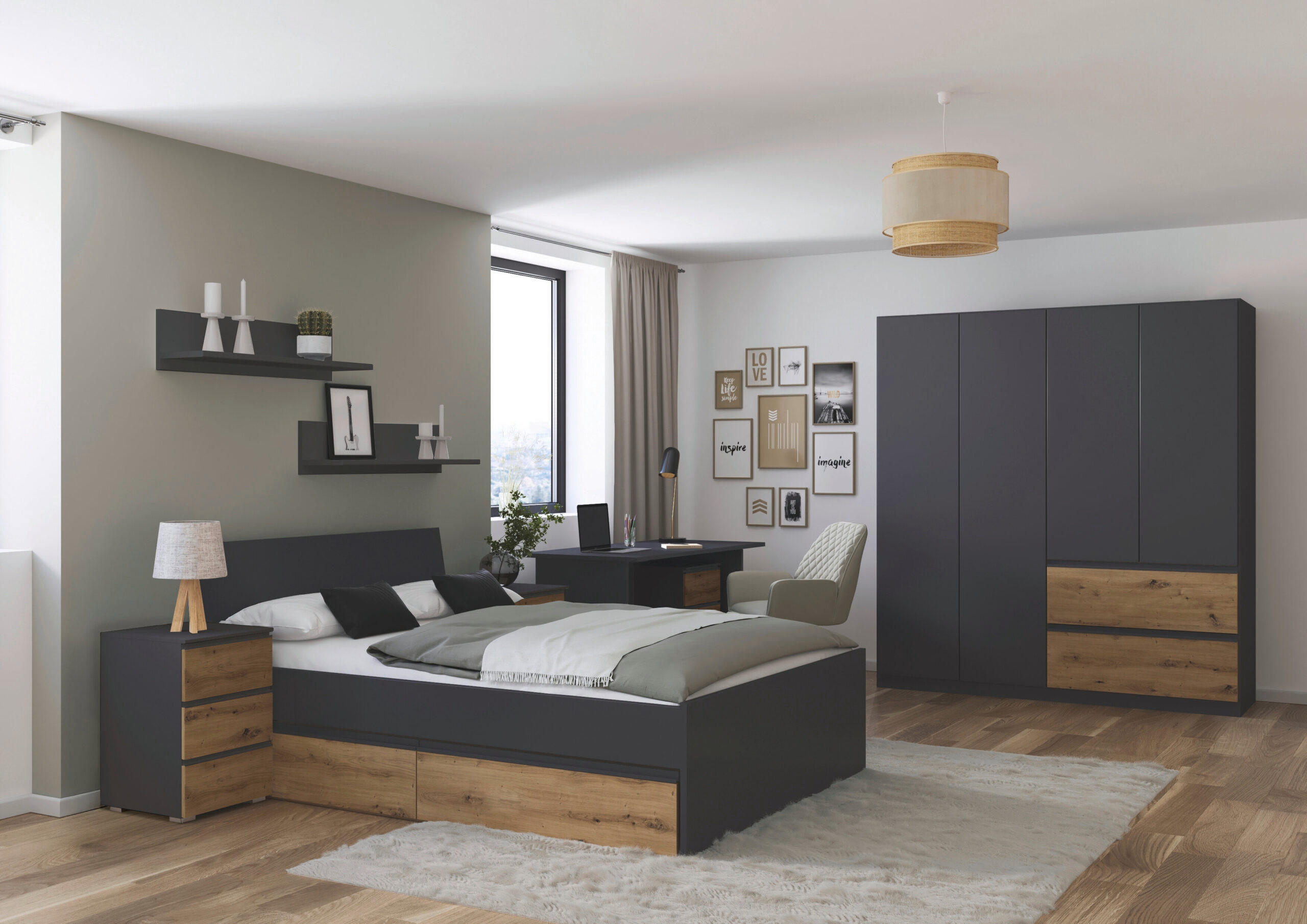 JUGENDZIMMER Joel in Grau Metallic und Artisan Eiche 5 teilig – mit 4trg Kleiderschrank, 140er Bett, Nachttisch, Schreibtisch und Rollcontainer - Grau, Holzwerkstoff (80/200/120cm)