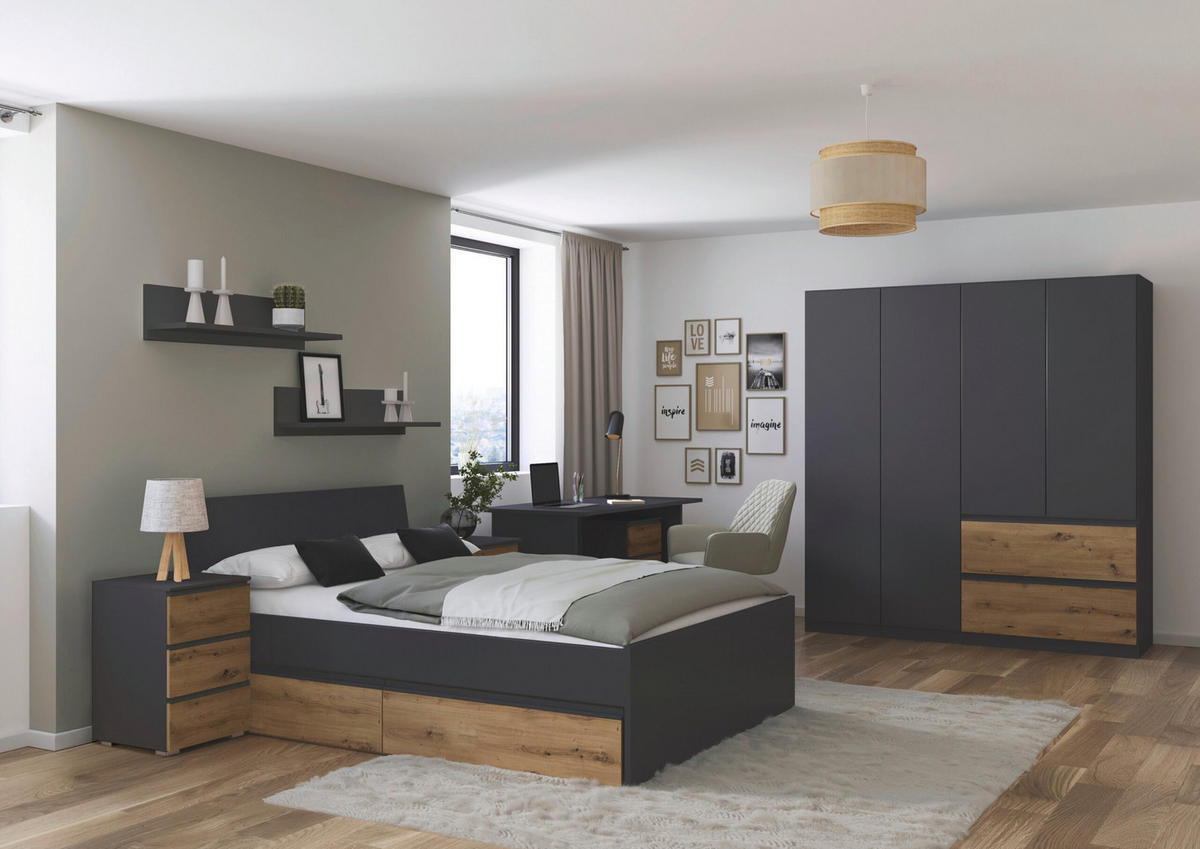JUGENDZIMMER Joel in Grau Metallic und Artisan Eiche 5 teilig – mit 4trg Kleiderschrank, 140er Bett, Nachttisch, Schreibtisch und Rollcontainer - Grau, Holzwerkstoff (80/200/120cm)