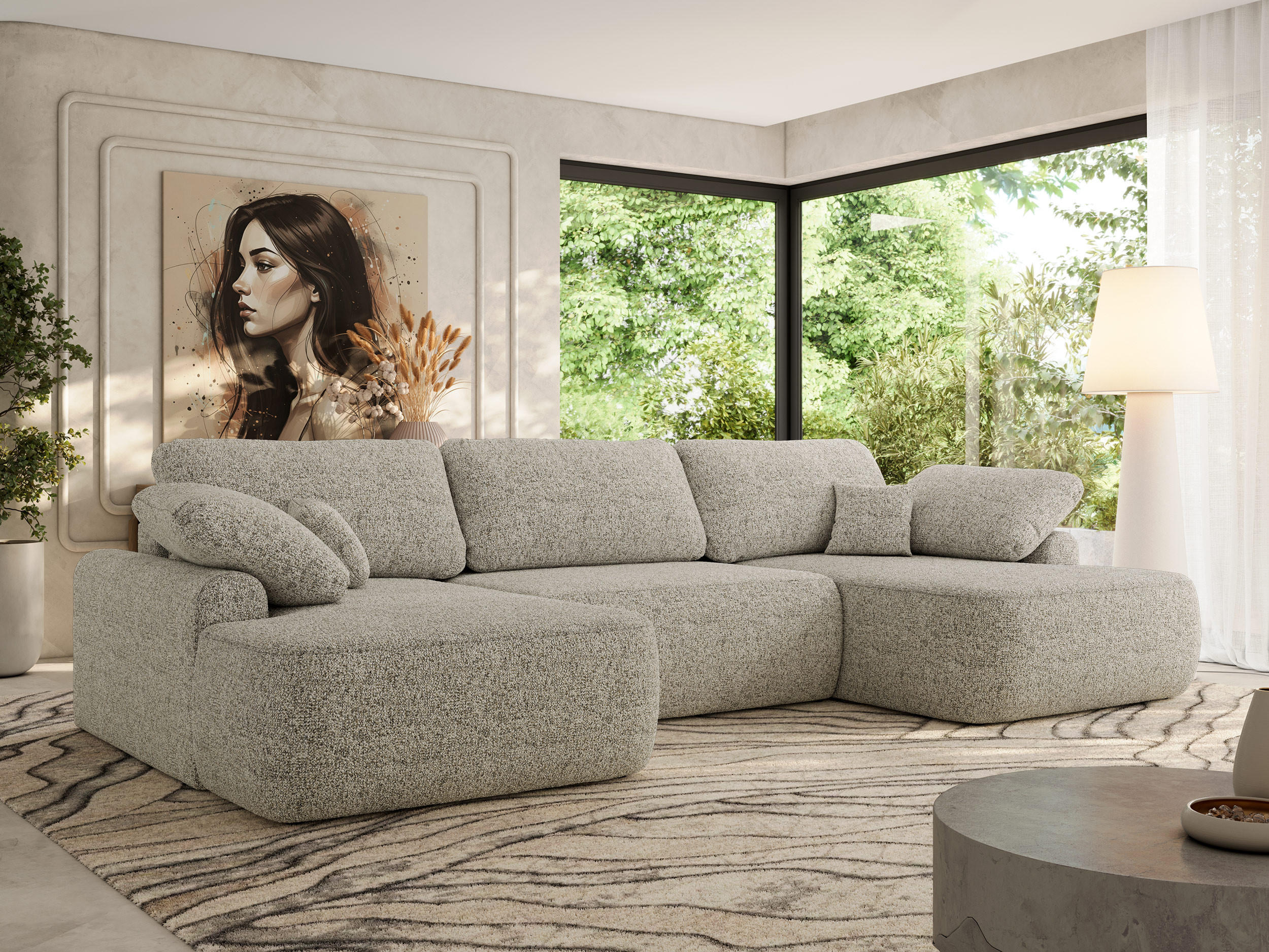 WOHNLANDSCHAFT CUBO U Beige Struktur - Beige/Schwarz, Kunststoff/Textil (370/100/187cm) - MKS