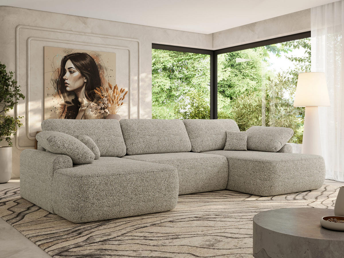 WOHNLANDSCHAFT CUBO U Beige Struktur - Beige/Schwarz, Kunststoff/Textil (370/100/187cm) - MKS