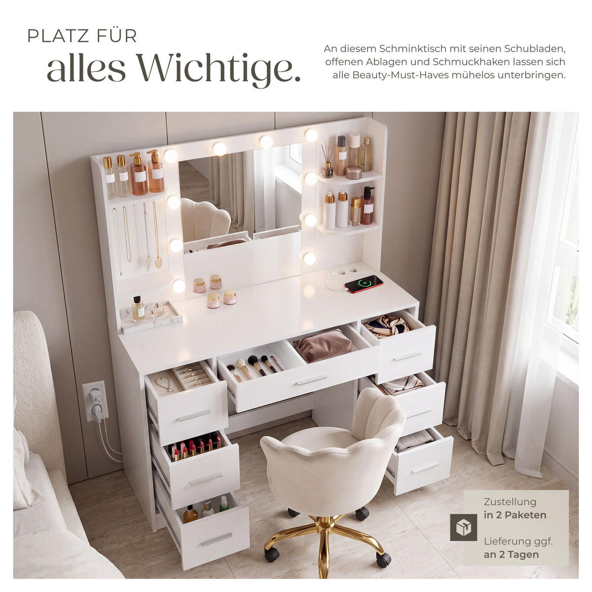 SCHMINKTISCH Charlotte, 107 x 42,5 x 140 cm, weiß - Weiß, Holzwerkstoff (107/140/42.5cm) - tectake