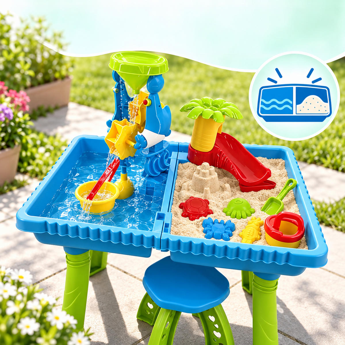 STŮL Vícebarevný vodní herní se stoličkou 37dílné příslušenství - modrá, plast (57/37cm) - Relaxdays