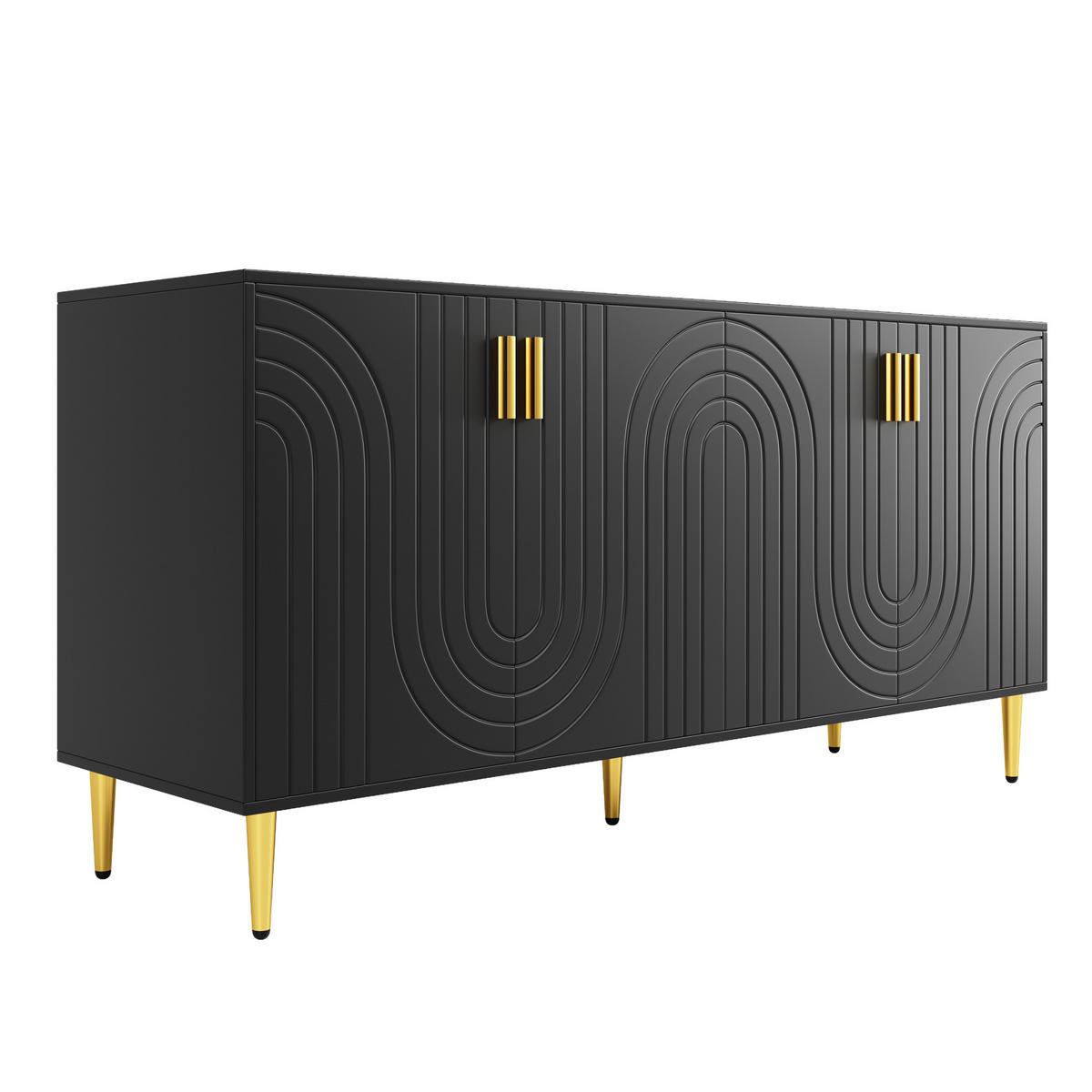 SIDEBOARD 152/40/75 cm, schwarze MDF-Wellenfront mit goldenen Akzenten und großzügigem Stauraum, Schwarz - Schwarz, Holzwerkstoff (152/75/40cm) - Redom