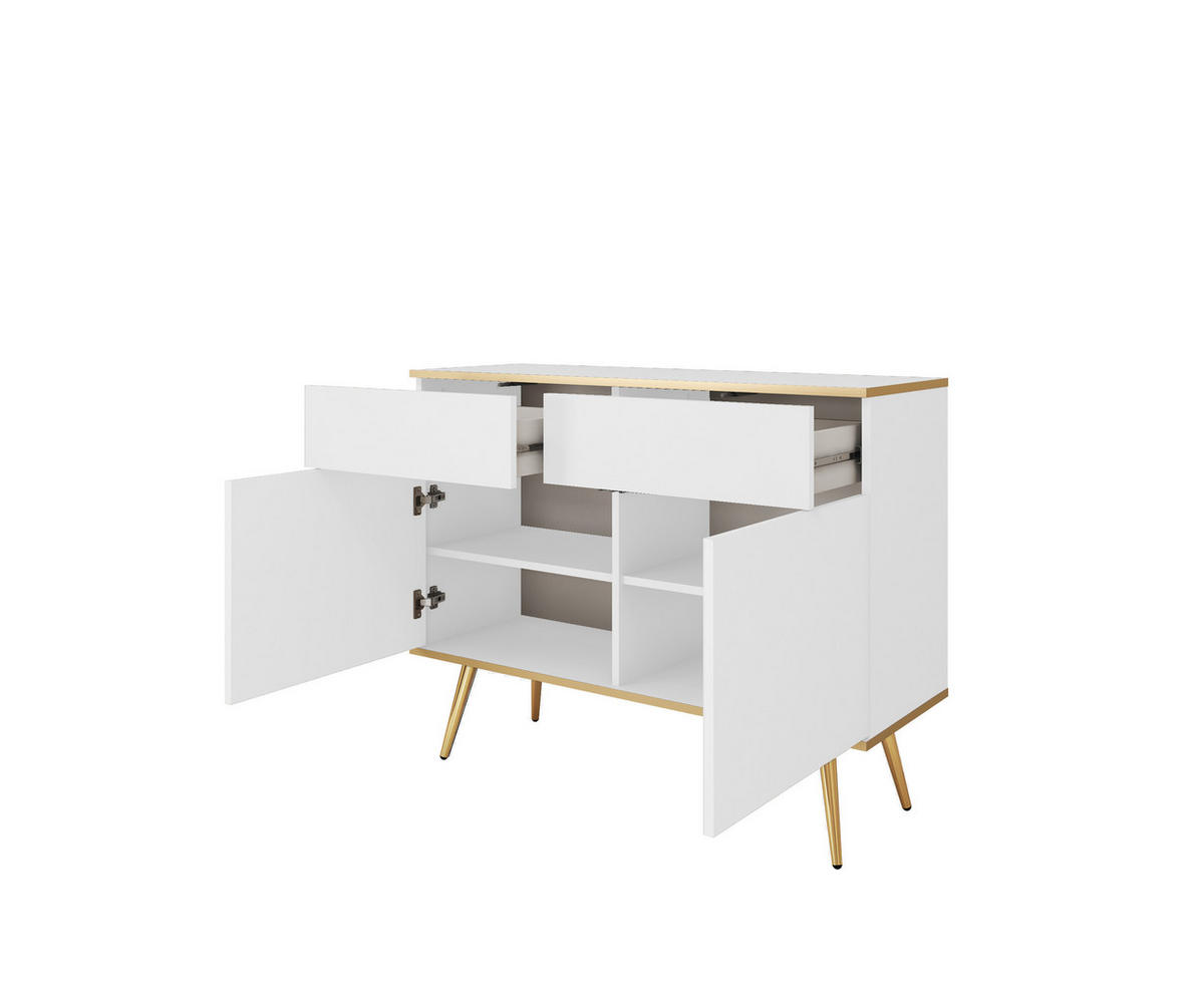 KOMMODE KSZ-107 - KSZ-107, Hochglanz, Schubladen Push-to-Open 107x39x85 cm Weiß/Gold - Goldfarben/Weiß, Holzwerkstoff/Kunststoff (107/85/39cm) - DomoHome