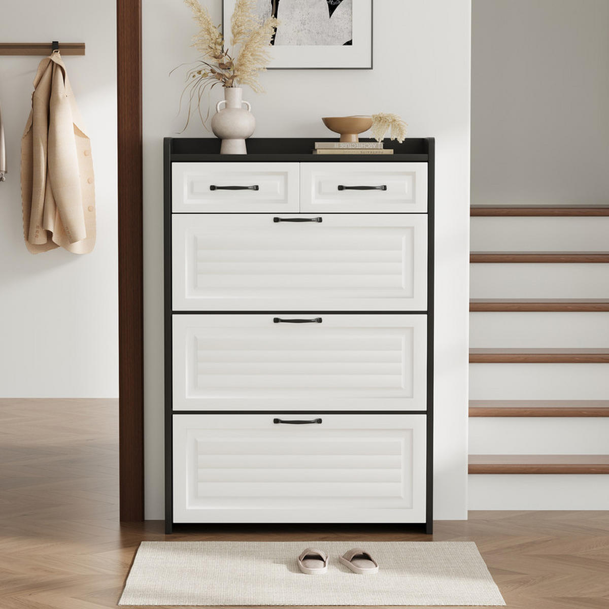 SCHUHSCHRANK drehbar mit 3 Klapptüren und 2 Schubladen 80x23,5x131 cm - Weiß, Holzwerkstoff (23.5/131/80cm) - Moorle