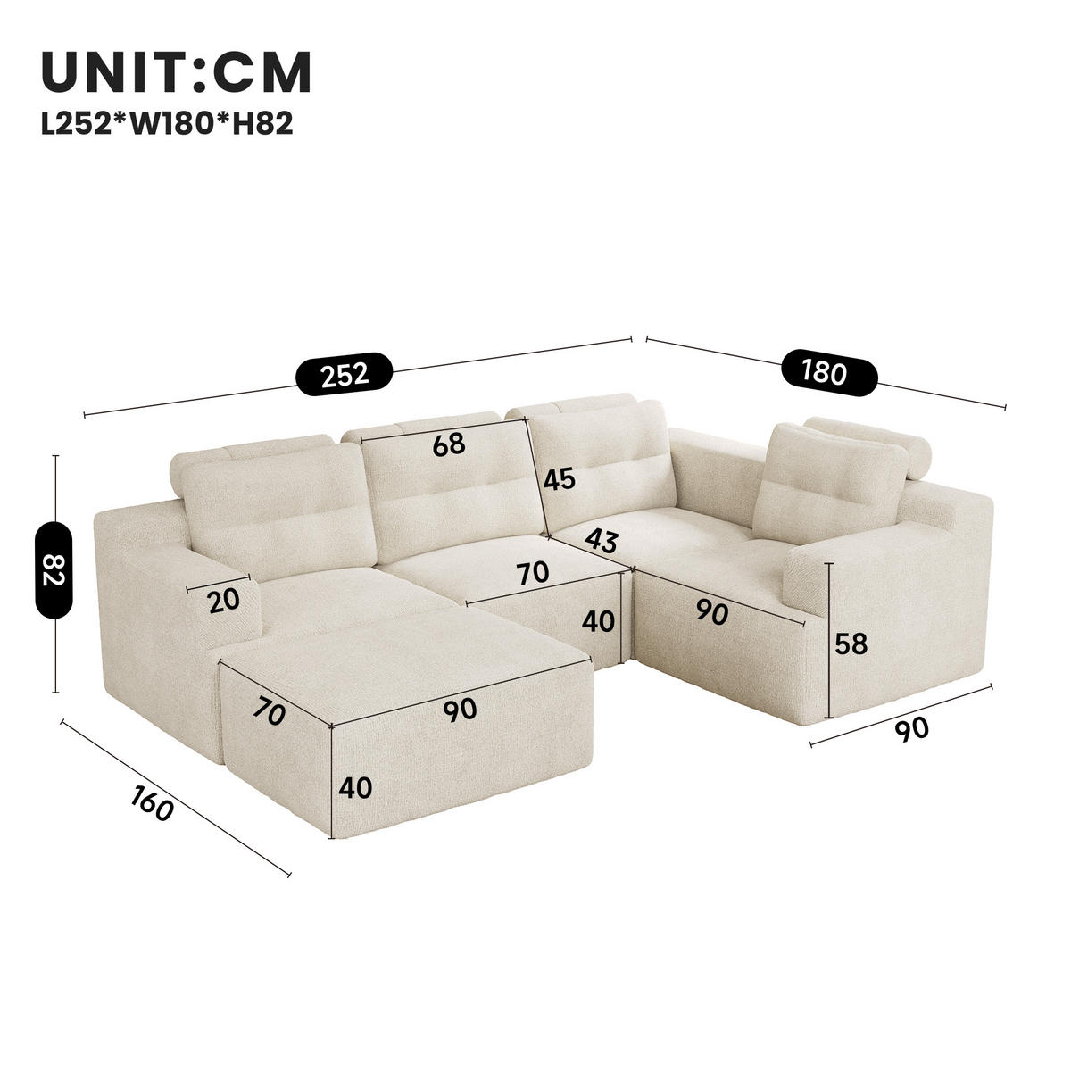 WOHNLANDSCHAFT 252/180/82 cm Beige mit 1 Fußhocker - Beige, Textil (252/82/180cm) - Oxeza