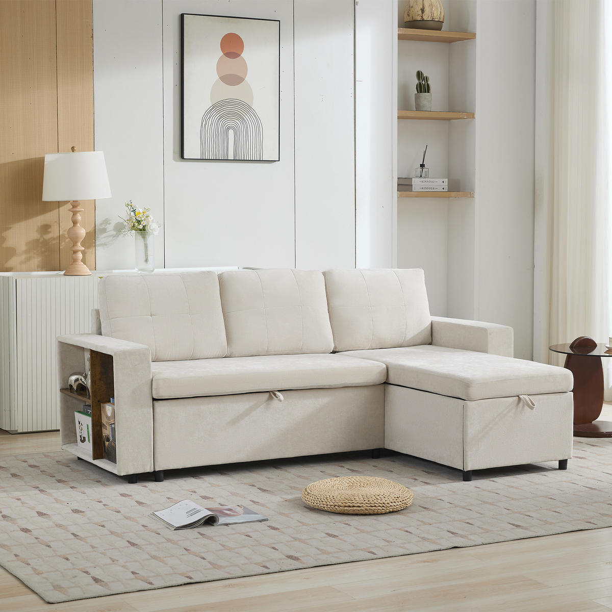 3-SITZER mit Stauraum, wechselbarer Chaiselongue und Chenille in Beige - Beige, Textil (202/85/136cm) - EVRYAE