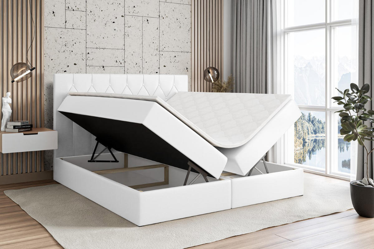BOXBETT mit H4-Matratze und Lattenrost - VELANTO-BZ - 180x200 Ecru - Weiß Hochglanz, Holzwerkstoff (180/200cm) - ALTDECOR