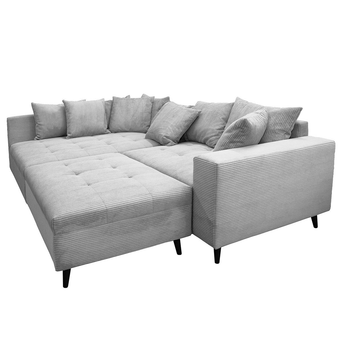 ECKSOFA mit Ottomane und Hocker - Hellgrau/Schwarz, Birkenholz/Textil (247/174cm) - home24