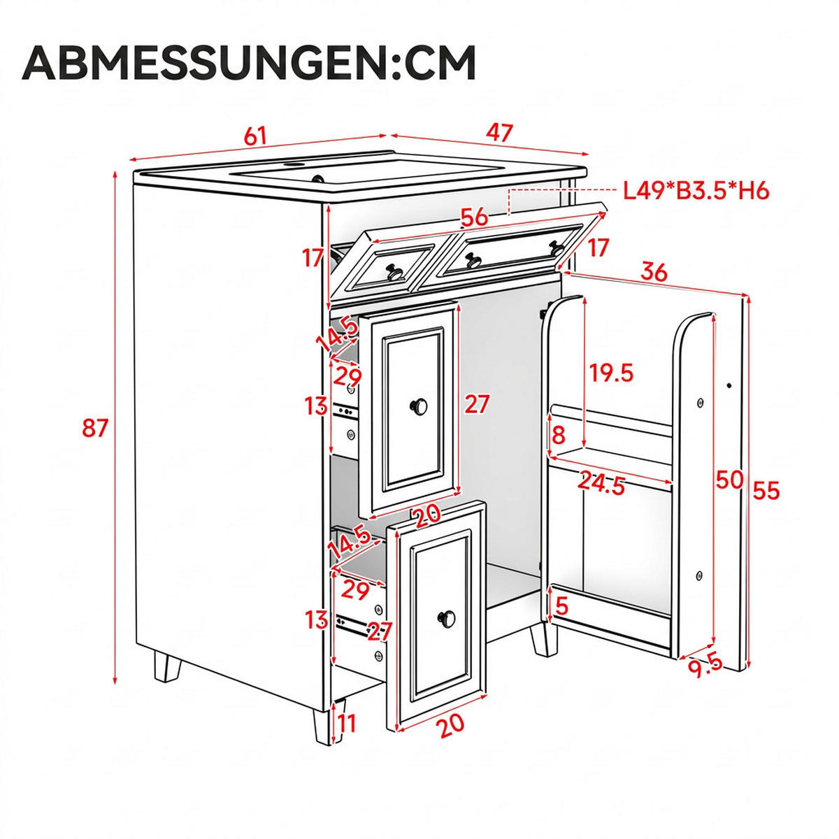 WASCHTISCHKOMBI 61/47/87 cm Grau mit 3 Schubladen, ohne Wasserhahn - Grau, Holz/Holzwerkstoff (47/87/61cm) - Oxeza