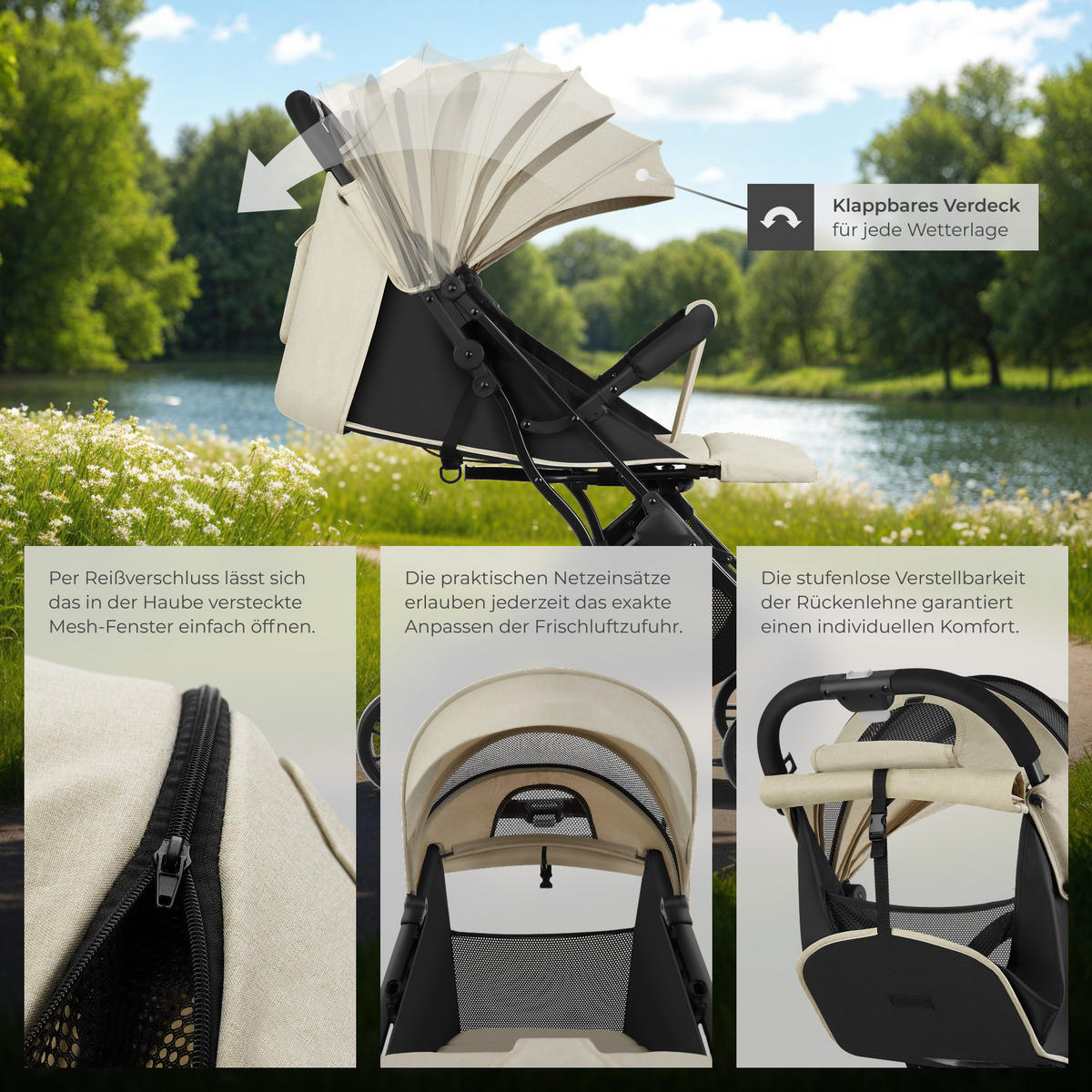 BUGGY-KINDERWAGEN Finn,für 0 bis 36 Monate geeignet, Belastbarkeit 15 kg,grau/beige - Beige/Grau, Textil (95/51/105cm) - tectake