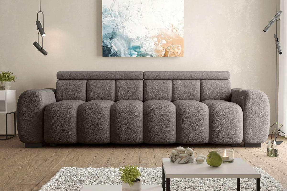 BIGSOFA ALESSIO Bouclé-Stoff Braun mit elektrischer Sitztiefenverstellung - Braun, Kunststoff/Textil (248/77/108cm) - 99rooms