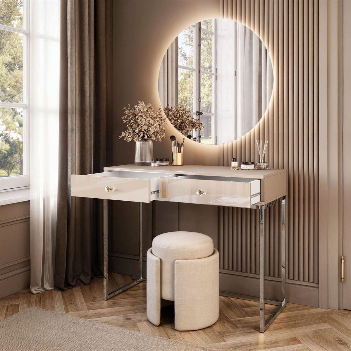 SCHMINKTISCH Blanco Glamour auf verchromtem Gestell mit LED-Spiegel Kristallgriff - Kaschmir/Silberfarben, Holzwerkstoff (100/81/42cm) - Lookway