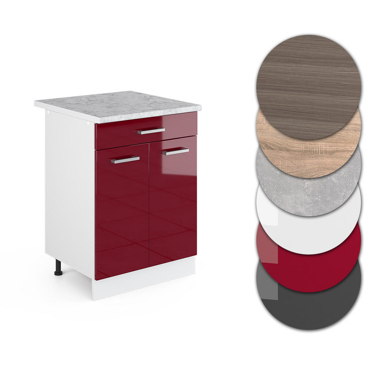 KÜCHENUNTERSCHRANK R-Line Rot Hochglanz 60 cm mit Schublade, AP Marmor - Rot/Weiß, Holzwerkstoff (60/81.6/60cm) - Vicco