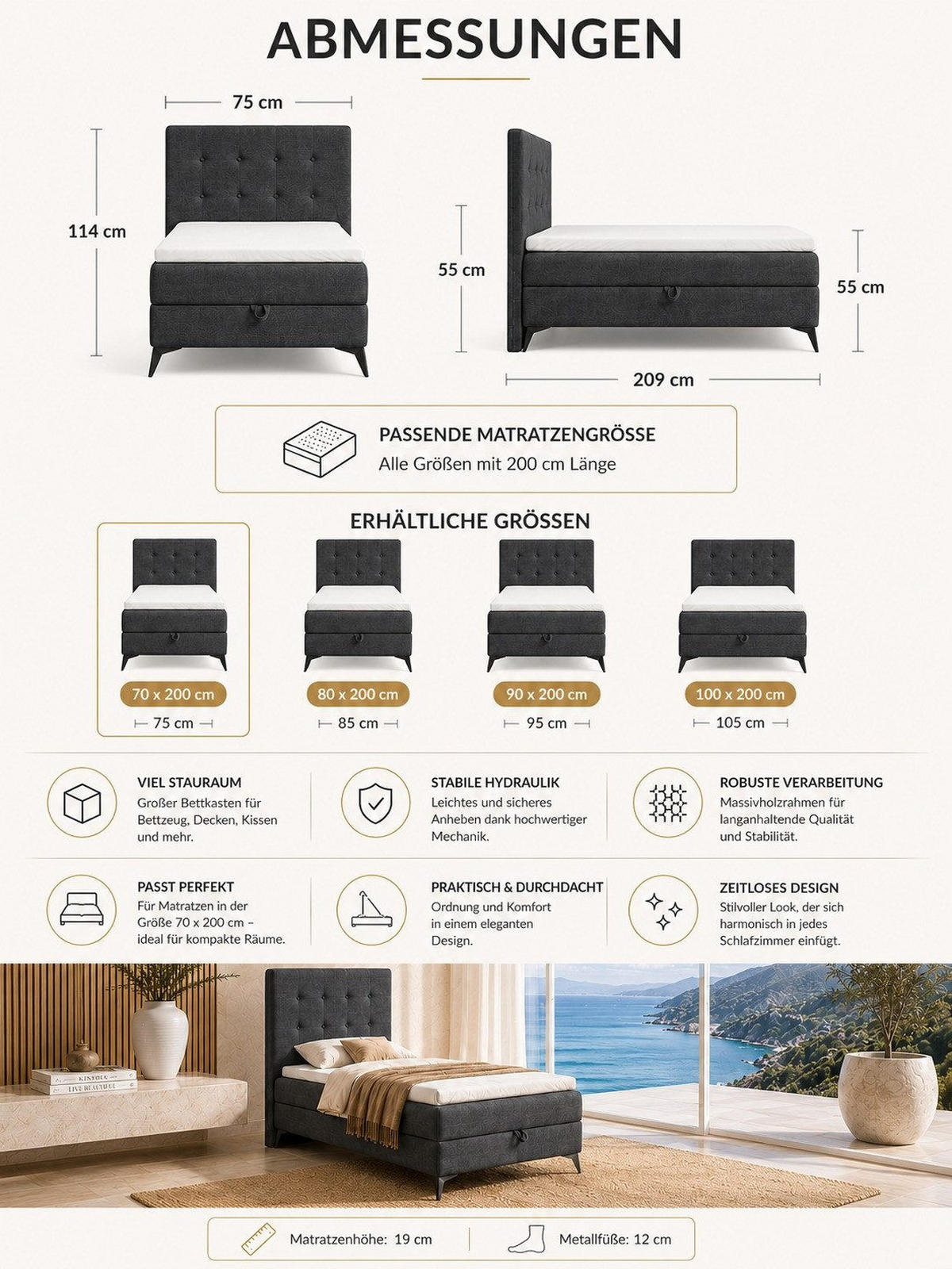 BOXBETT K15 Single SLIM mit Bettkasten & Bonell-Federkern ohne Topper - Schwarz, Holz/Textil (200/70cm) - Best For Home