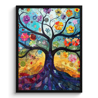 GERAHMTES BILD Kunst - Baum des Lebens - Blumen - Hippie 60x80 cm - Dunkelblau, Papier (60/80cm) - MuchoWow