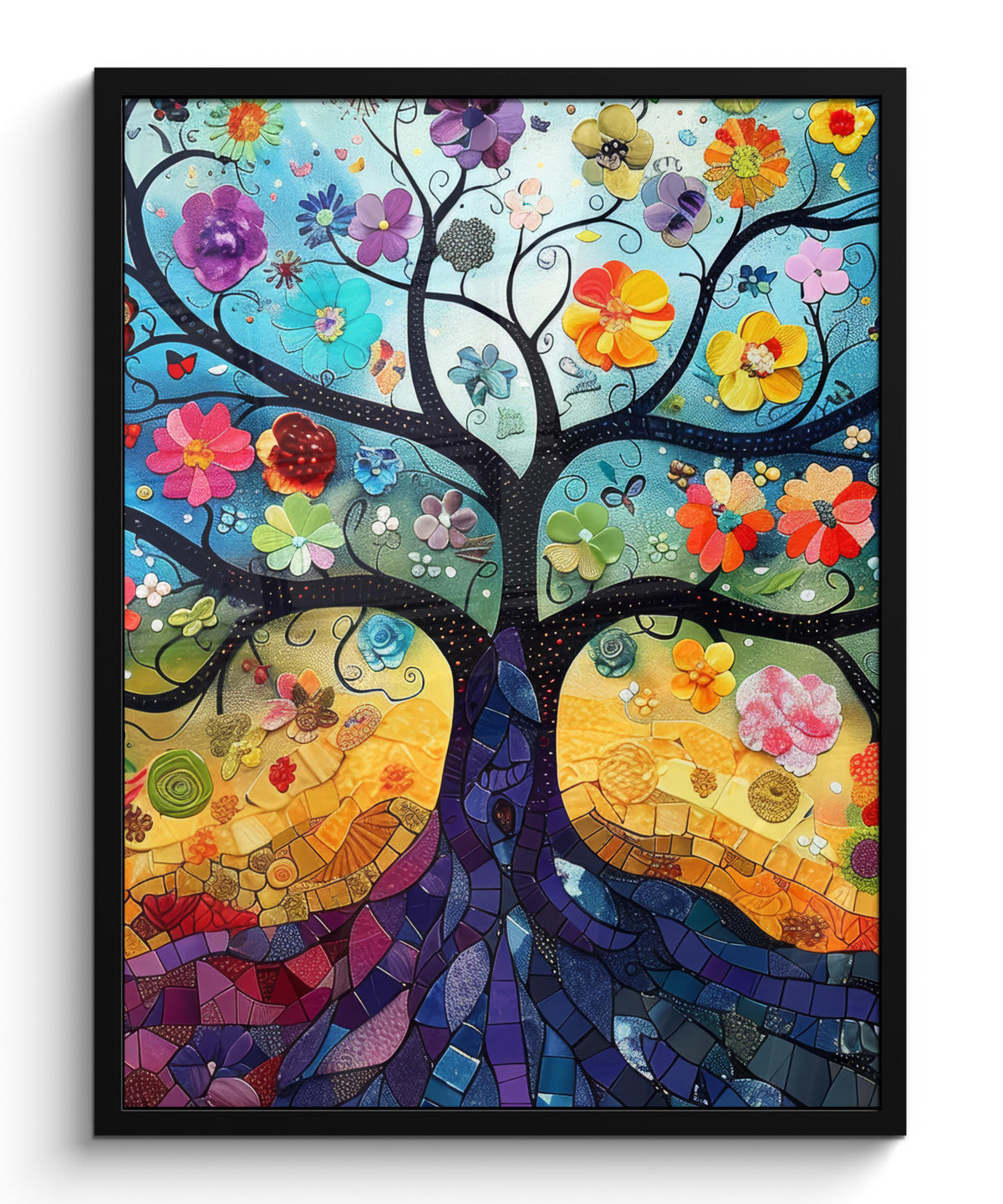 GERAHMTES BILD Kunst - Baum des Lebens - Blumen - Hippie 60x80 cm - Dunkelblau, Papier (60/80cm) - MuchoWow