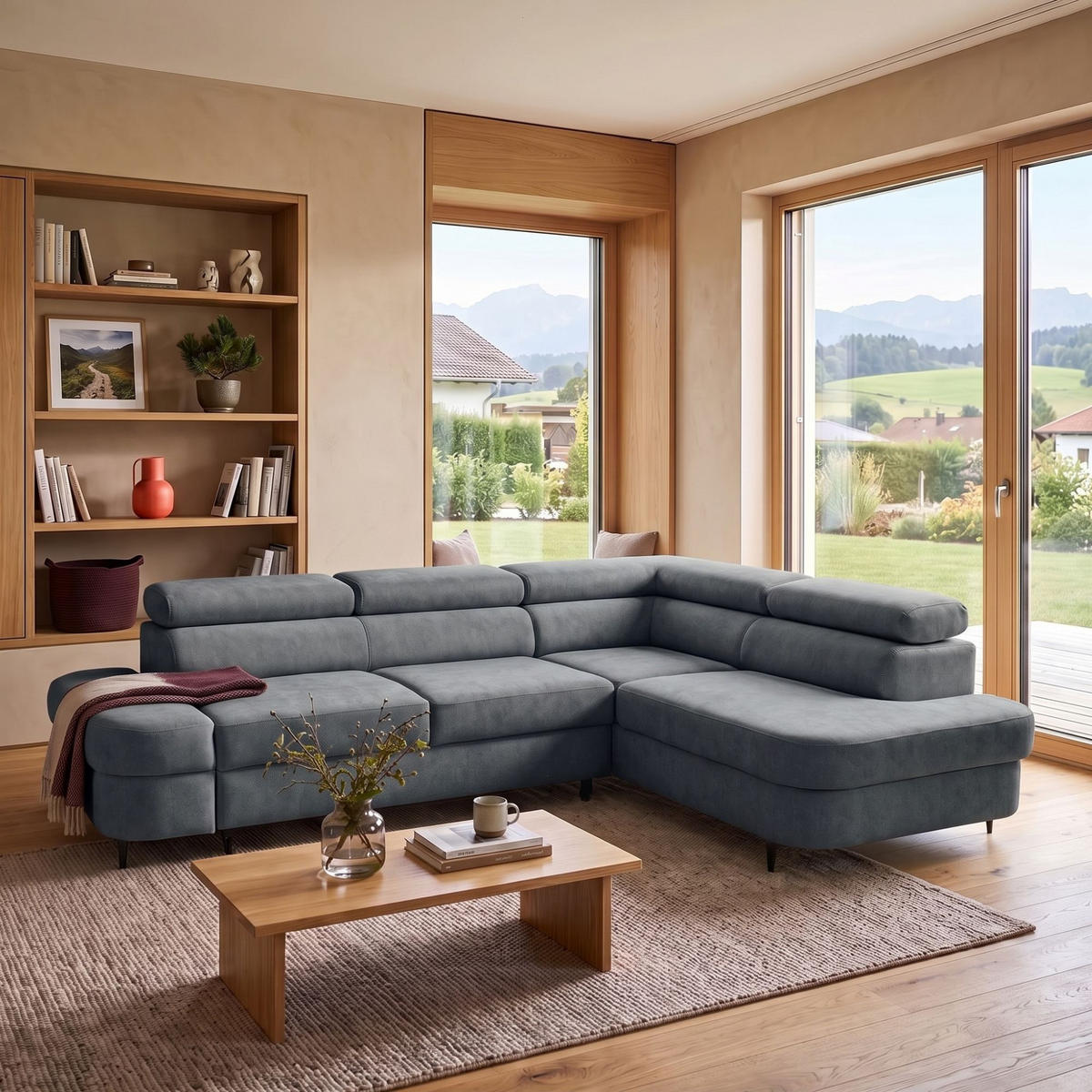 ECKSOFA PRIAM L Rechts mit Schlaffunktion 125x195 Velours Dunkelgrau - Dunkelgrau/Schwarz, Holz/Textil (203/275cm) - Muffo