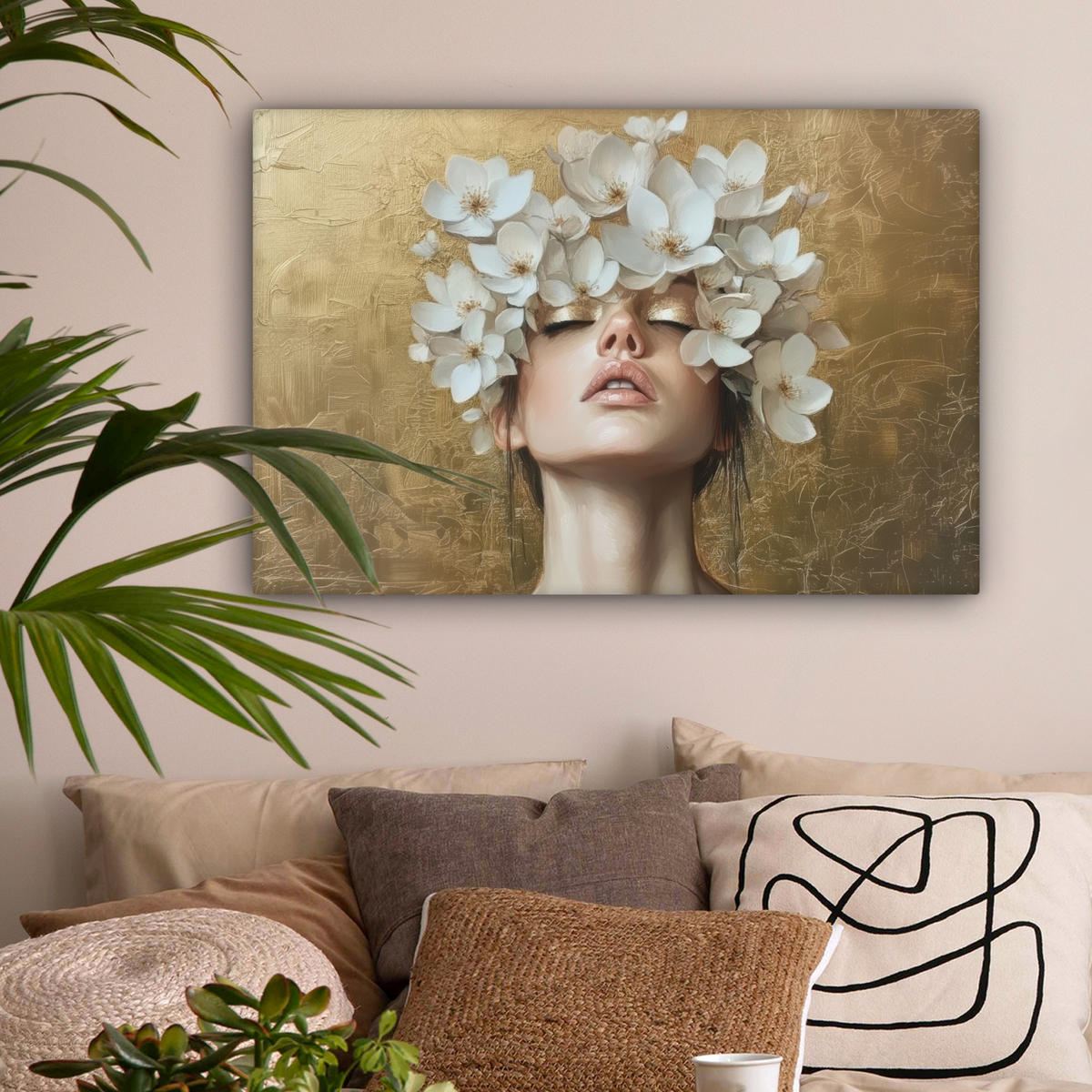 LEINWANDBILD Gesicht - Blumen - Gold - Abstrakt Gemälde 60x40 cm - Goldfarben, Textil (60/40cm) - MuchoWow