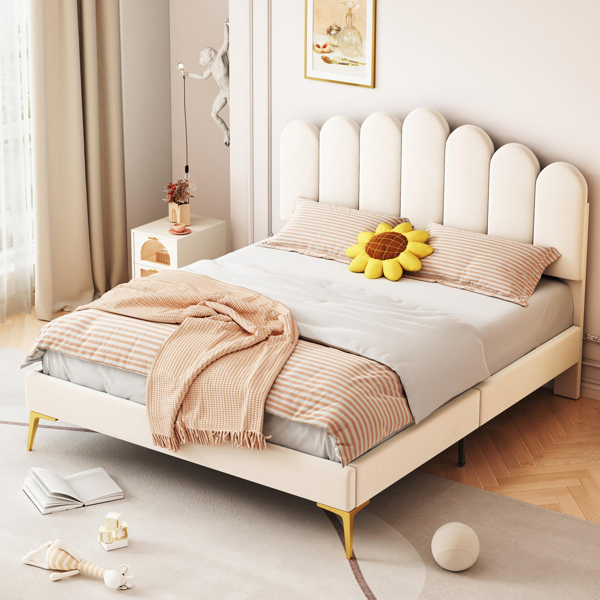 POLSTERBETT 140/200 cm beige aus MDF mit höhenverstellbarem Kopfteil - Beige, Holzwerkstoff (140/200cm) - OKWISH