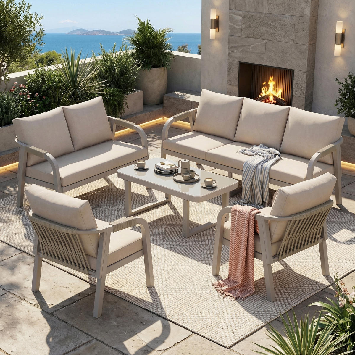 GARTENLOUNGE-SET 7 Personen 3-Sitzer 2-Sitzer Sessel Beige - Beige, Textil - FLIEKS
