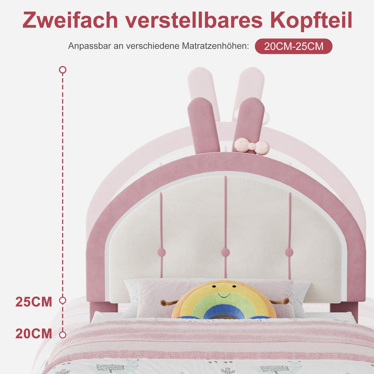 KINDERBETT 90x200 cm mit LED-Beleuchtung und Schubladen, Hasen-Kopfteil, höhenverstellbar, Samtstoff - Rosa, Holz/Metall (90/200cm) - GENKI LIVING