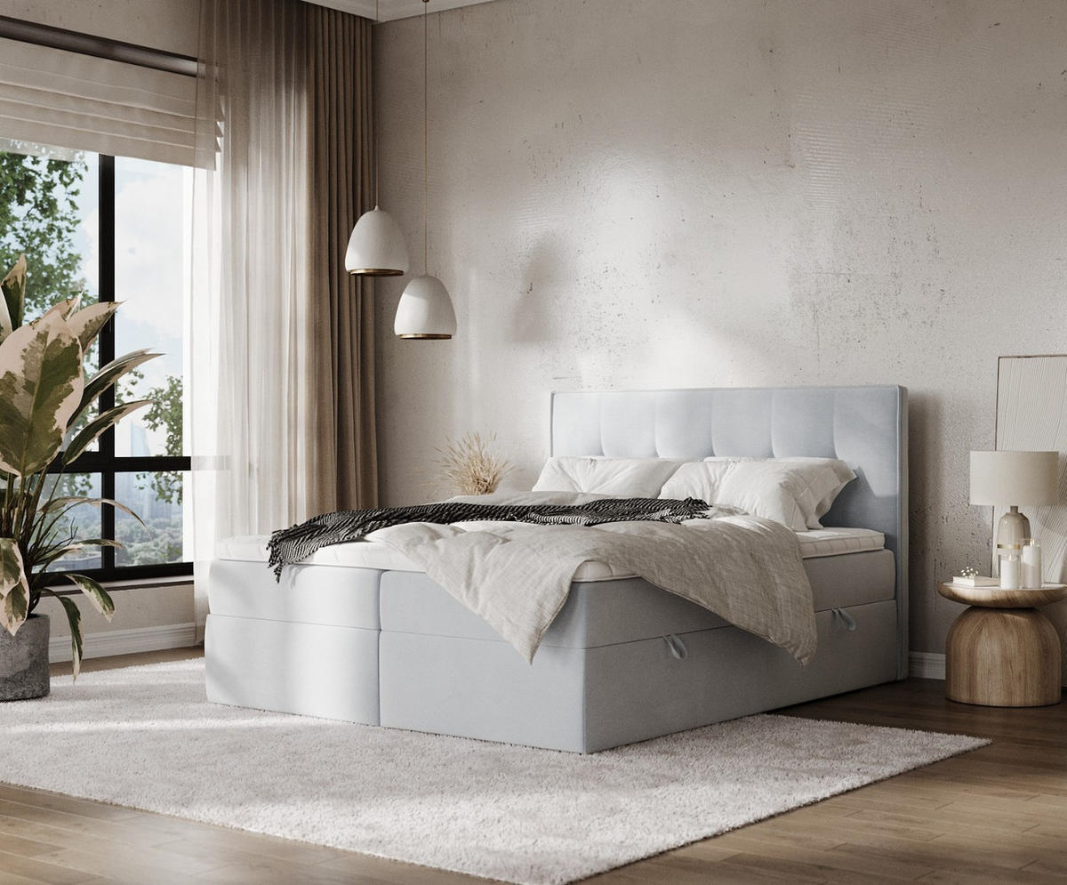 BOXBETT Mireo 140/200 cm Hellgrau im Paros Stoff - Hellgrau/Schwarz, Holz/Holzwerkstoff (140/200cm) - AltaBeds