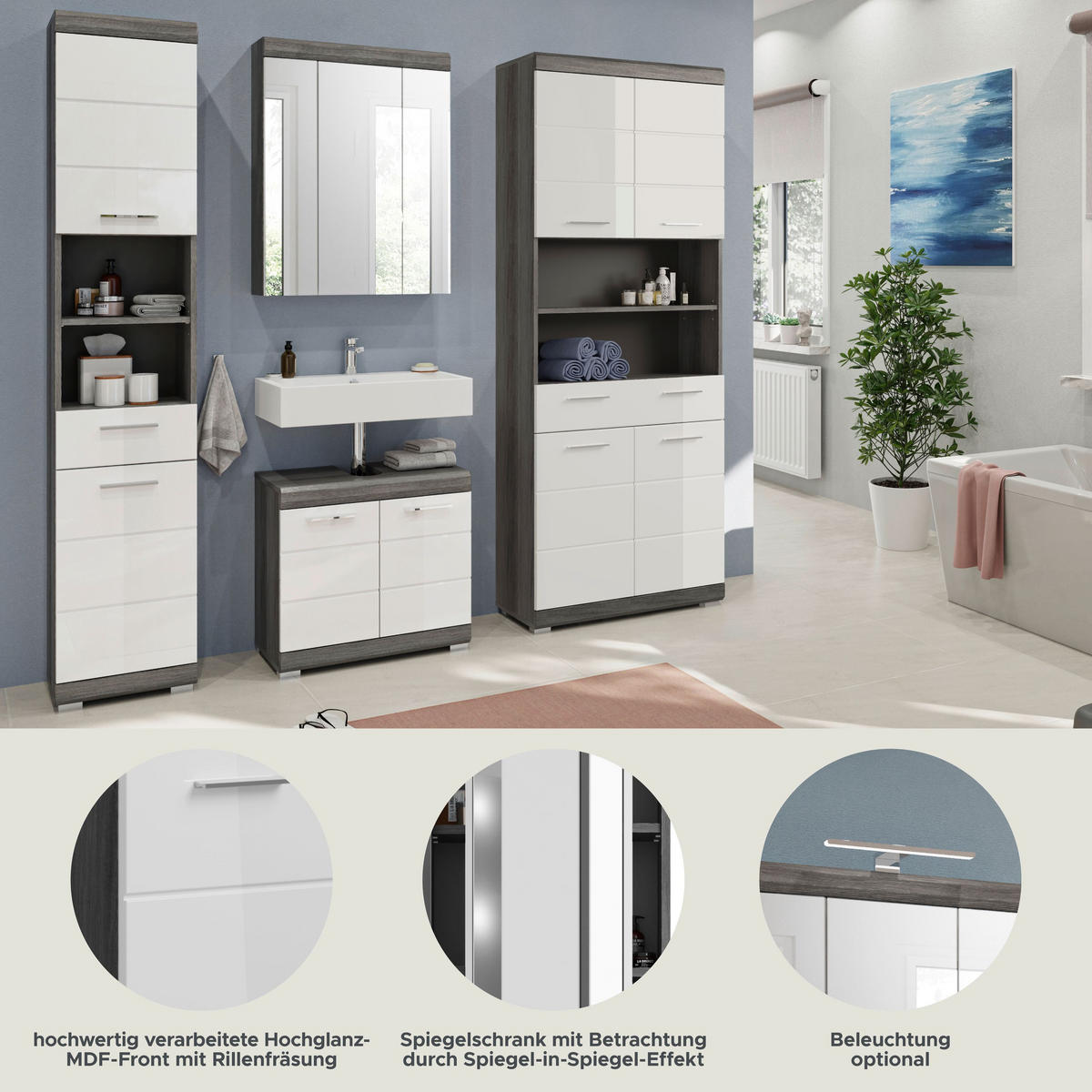 BADKOMBINATION 4tlg. Scout Bad in Rauchsilber Nachbildung und weiß hochglanz B/H/T: 186x191x34 cm - Anthrazit, Holz (186/191/34cm)