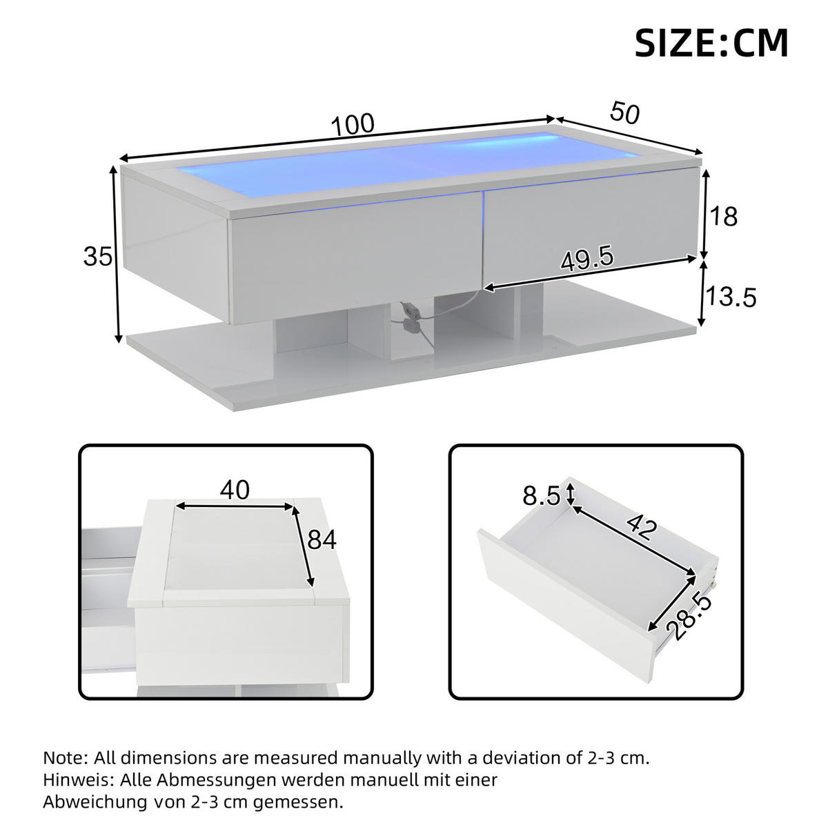 COUCHTISCH 100/50/35 cm in Weiß mit 2 Schubladen und LED-Beleuchtung - Weiß, Holzwerkstoff (100/50/35cm) - Flora Grace