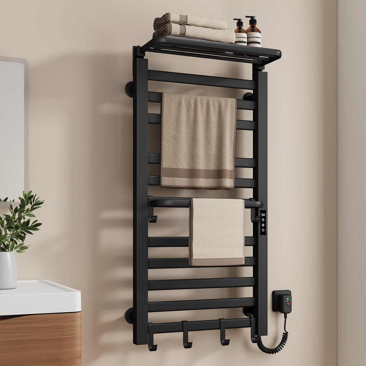 HEIZKÖRPER Elektrischer Handtuchhalter mit Ablage Schwarz 100/50/4,3 cm - Schwarz, Metall (50/100/25.5cm) - EMKE