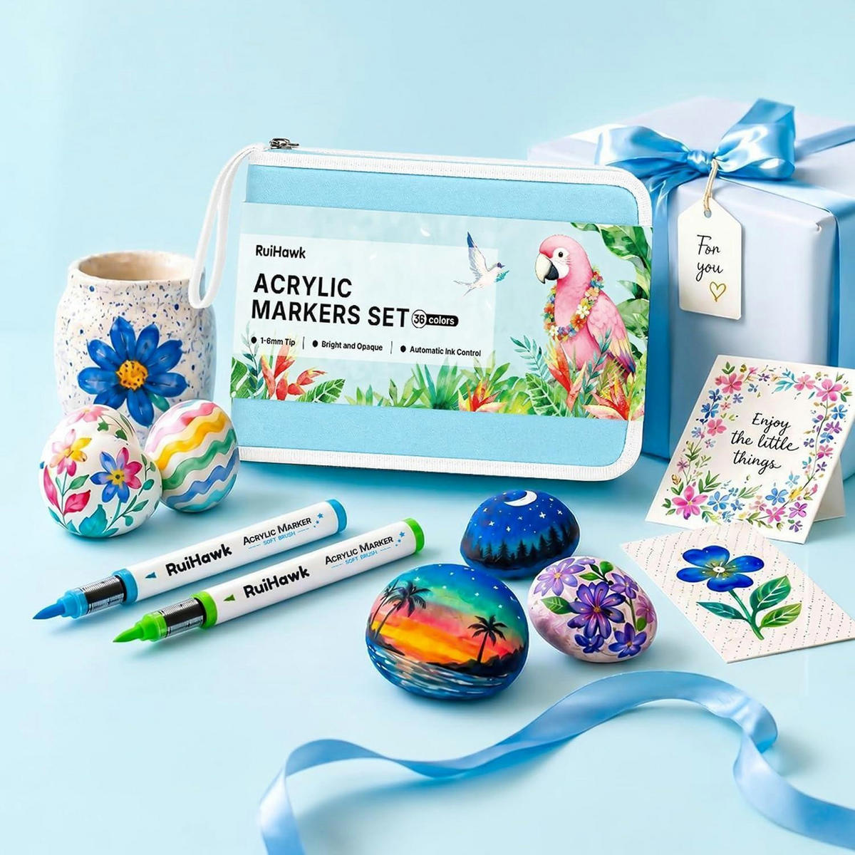 ACRYLSTIFTE 36er Set Macaron Pastell mit Pinselspitze wasserbasiert deckend für Glas Stein Holz Leinwand Stoff - Multicolor, Kunststoff (1/1/15cm)