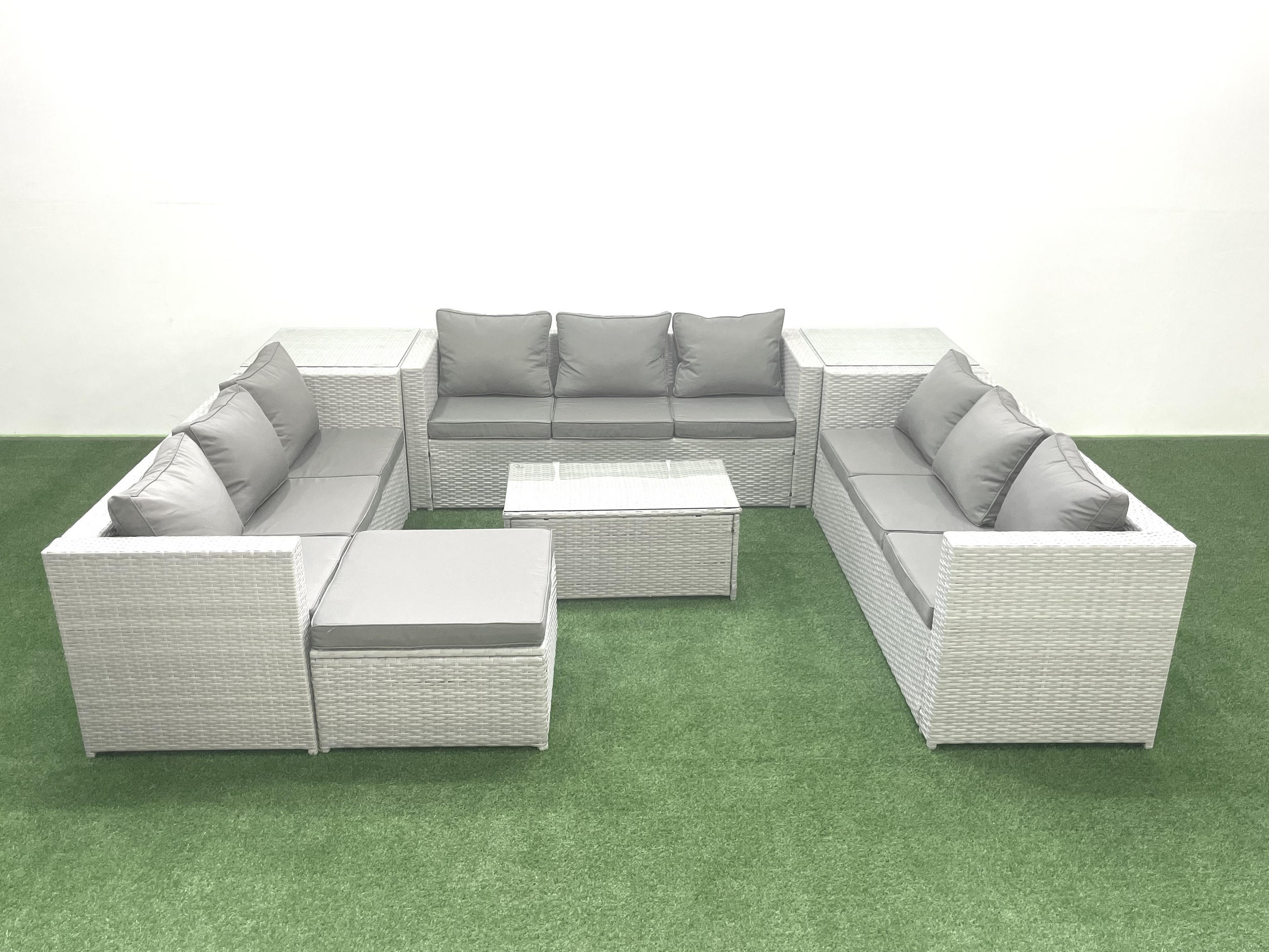 GARTENSET mit 3-SITZER SOFA,COUCHTISCH Polyrattan Hellgrau-Mix 10-Sitzer - Hellgrau/Grau, Glas/Kunststoff - Fimous