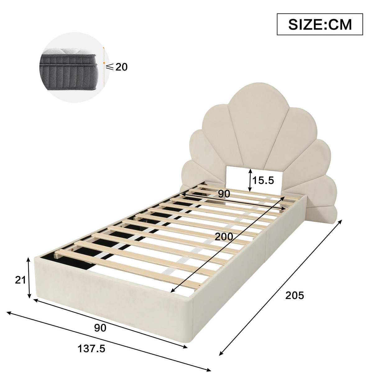POLSTERBETT 90/200 cm Beige mit Blütenkopfteil aus Samt - Beige, Textil (90/200cm) - OKWISH