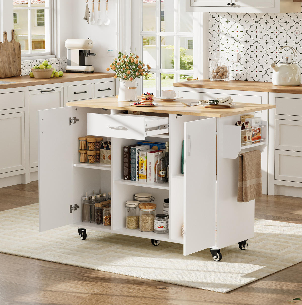 KÜCHENWAGEN mit klappbarer Arbeitsplatte, Schublade und Schränken, White+Natural - Weiß, Holz (67.5/92.8/136.5cm) - Beauniv