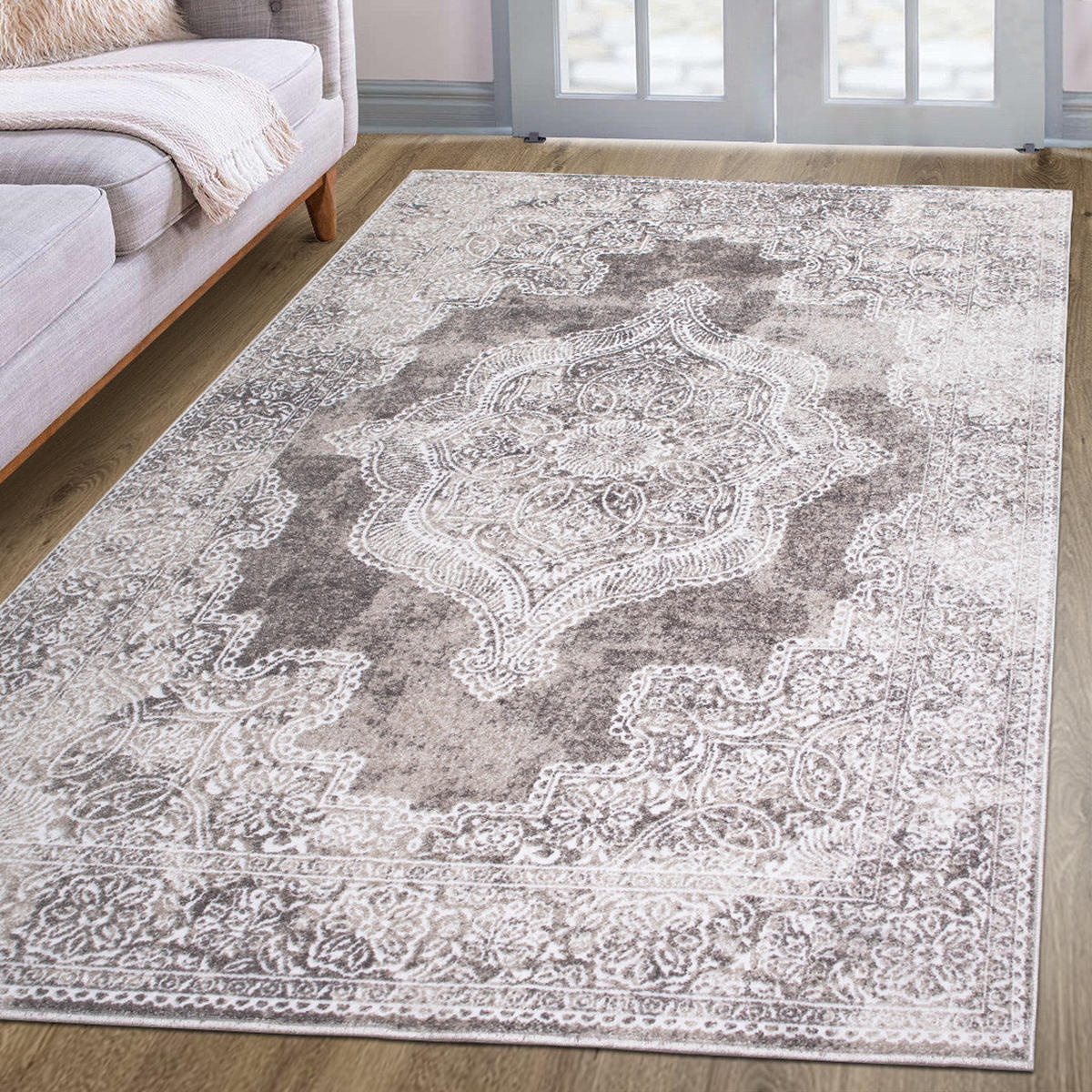 VINTAGE-TEPPICH Victoria Hoch-Tief-Effekt Medallion Muster beige 80 x 150 cm - Beige/Creme, Kunststoff/Textil (80/150cm) - oKu-Tex