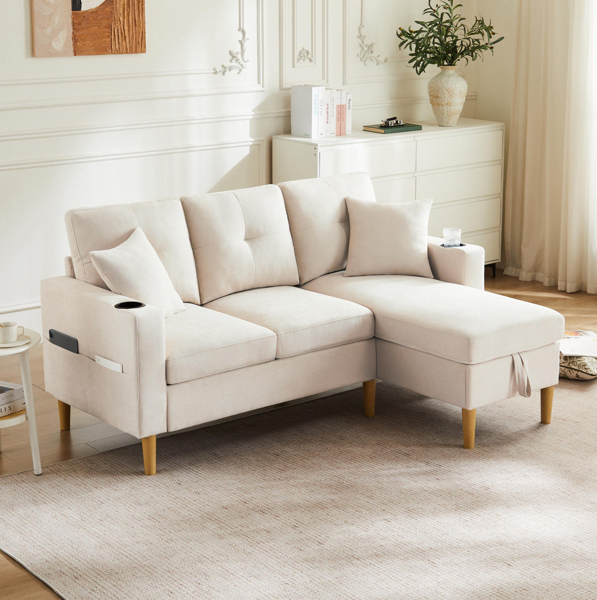 ECKSOFA L-Form Baumwoll-Leinen mit Stauraum und Getränkehaltern 175/129/90 cm Beige - Beige, Textil (175/129cm) - Redom