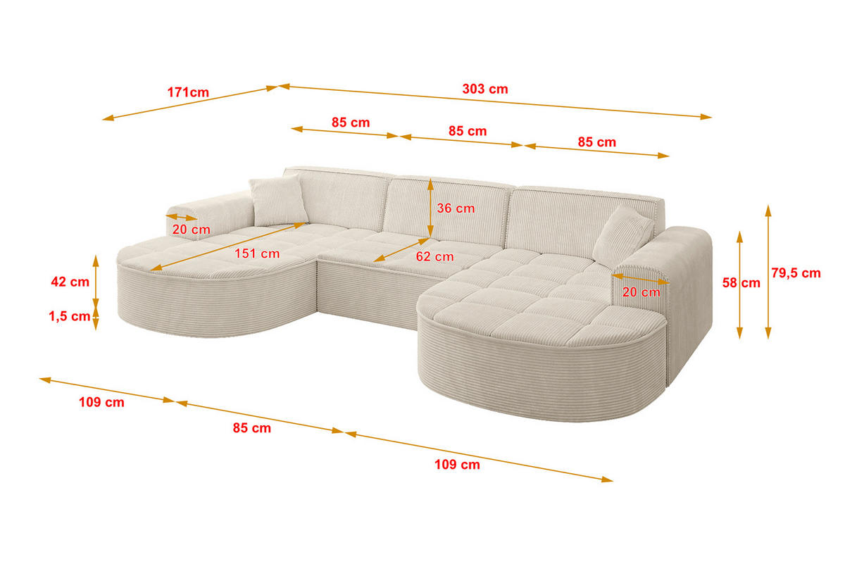 WOHNLANDSCHAFT TARO-U1 - 303x171x79,5 cm Beige - Beige, Holzwerkstoff/Textil (303/79.5/171cm) - ALTDECOR