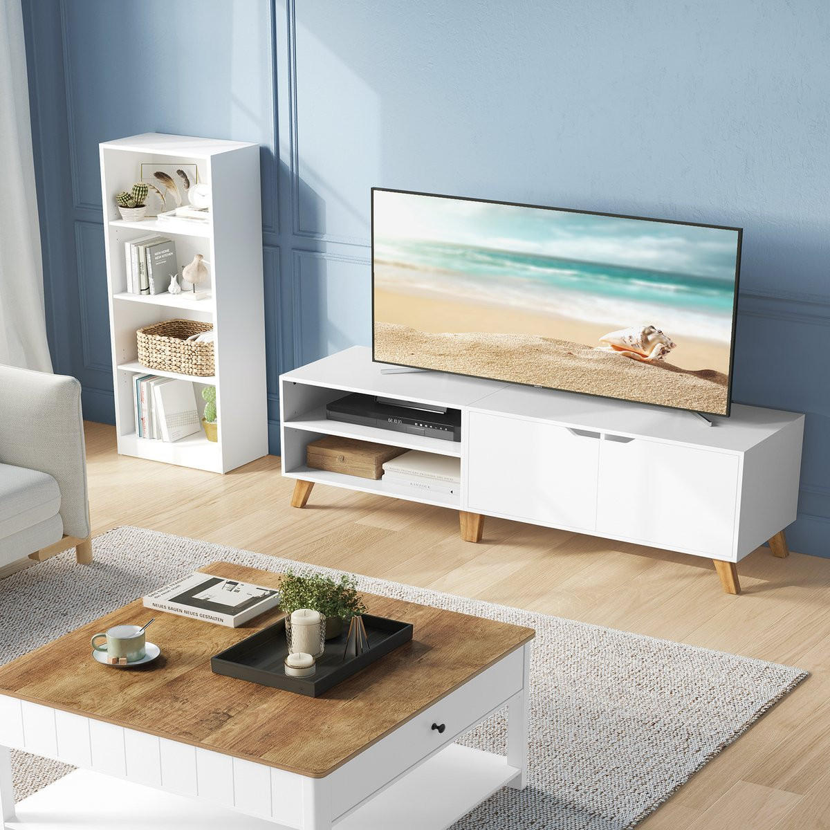 TV-MÖBEL 2 Fächer und 2 Türen weiß - L140 cm - Weiß, Holz (140/40/45cm) - Calicosy