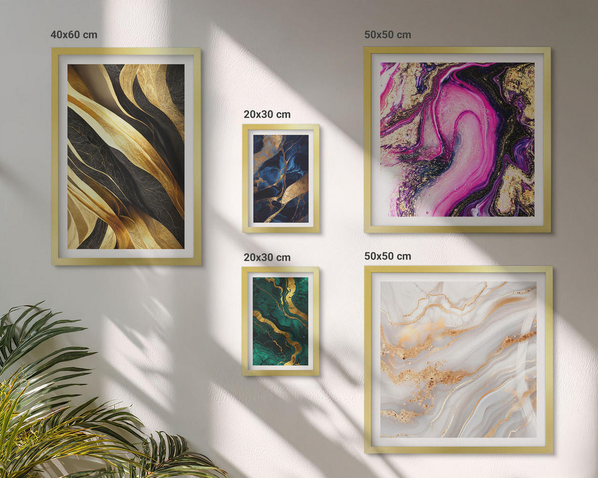 WANDBILDER 5er Set - 50x50 cm & 20x30 cm & 40x60 cm Goldrahmen - Abstrakter Marmor mit Farben - Goldfarben, Kunststoff (40/60cm) - ArtPrintCave