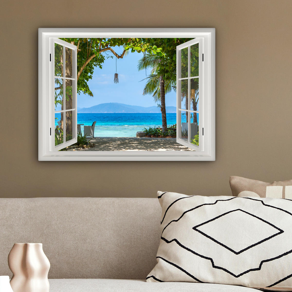 LEINWANDBILD Aussicht - Baum - Meer - Palme - Hügel - Strand - Blau 40x30 cm - Blau, Textil (40/30cm) - MuchoWow