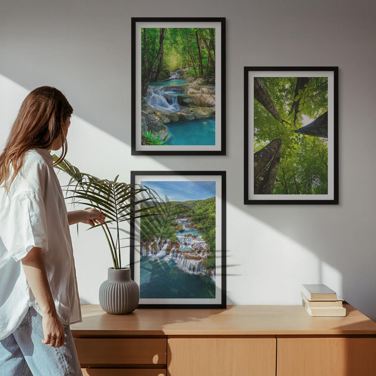 WANDBILDER 3er-Set - 40x60 cm Schwarzer Rahmen - Wasserfälle grüner Wald Wasser - Schwarz, Kunststoff (40/60cm) - ArtPrintCave