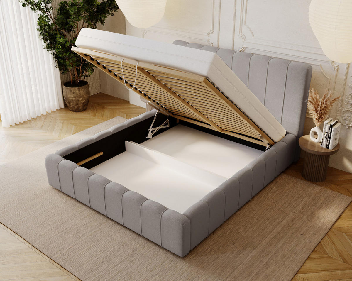 POLSTERBETT 140x200 mit Lattenrost, Bettkasten, Lisbon, Hellgrau - Hellgrau, Holz/Textil (140/200cm) - Emporius