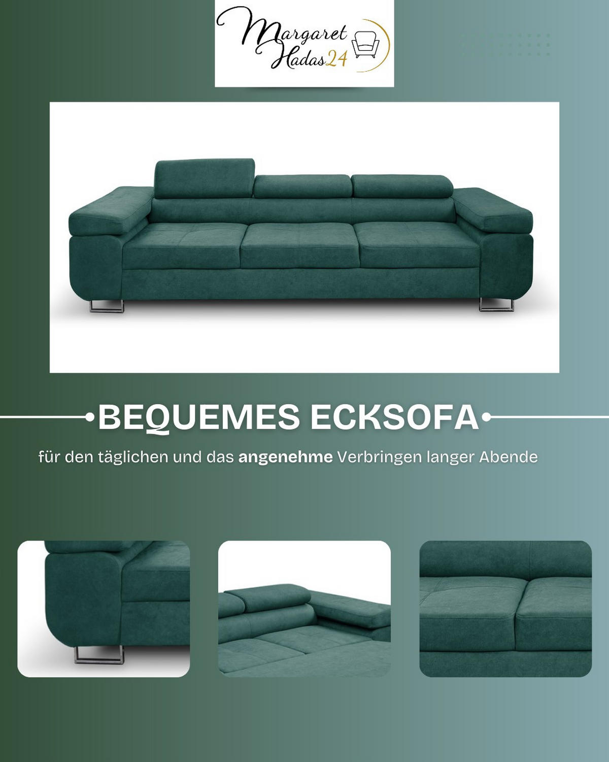 SOFA Marlene II 274 x 97 cm, mit verstellbaren Kopfstützen Schlaffunktion Wohnzimmersofa 3 Sitzer, hellgrau - Hellgrau, Kunststoff (274/87/97cm) - Margaret Hadas24