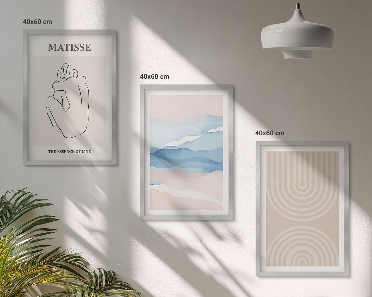 BILDER SET 3er Set - 40x60 cm Silberner Rahmen - Linien, Wellen, pastellfarbener Minimalismus - Silberfarben, Kunststoff (40/60cm) - TULUP