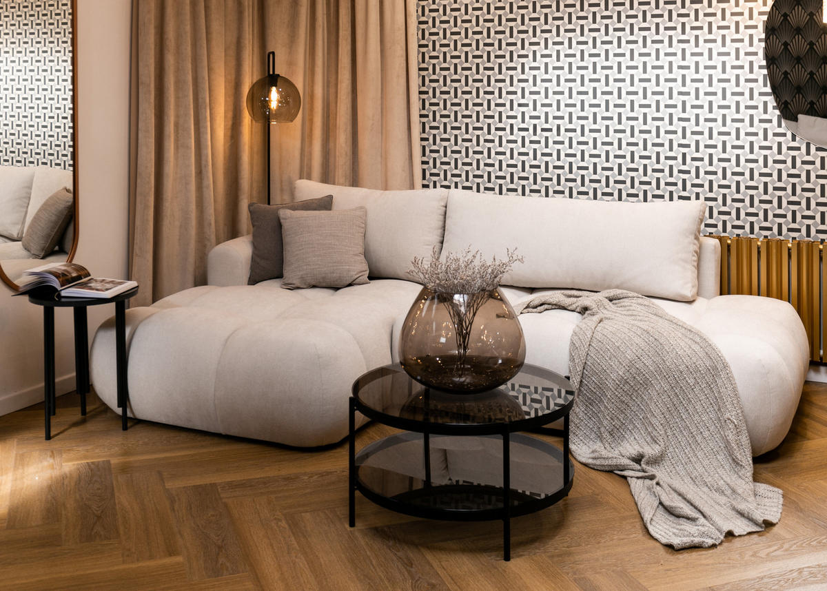 ECKSOFA Ombo Cremeweiß Chenille 280 cm - Creme/Schwarz, Kunststoff/Textil (284/167cm) - Selsey