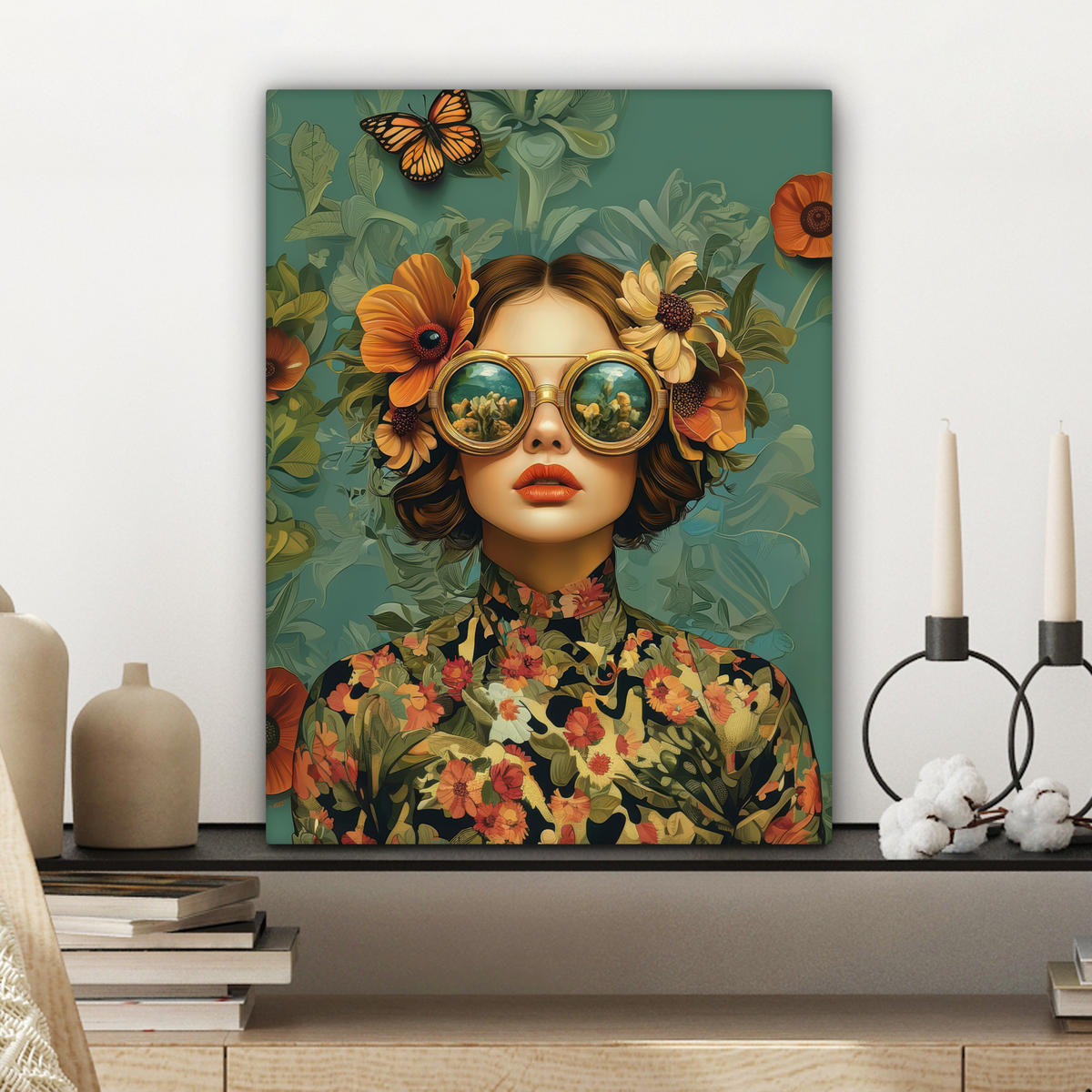 LEINWANDBILD Frau - Blumen - Schmetterlinge - Natur - Vintage Room Decor 30x40 cm - Salbeigrün, Textil (30/40cm) - MuchoWow